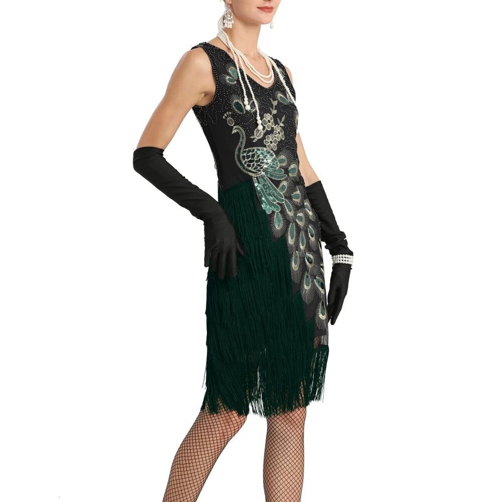 2457 1920s Peacock Sequined Tassel Flapper Party Dresses W/ 20s - Picture 3 of 4